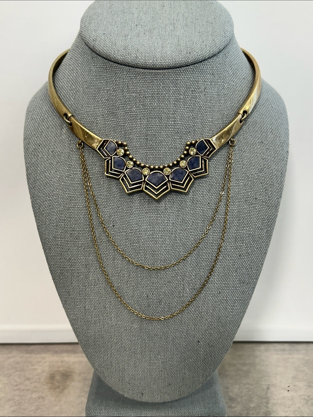 Gold-Tone Blue Stone Geometric Boho Statement Collar Necklace - Women Jewelry